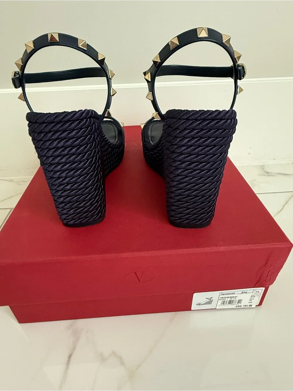 Valentino Navy Wedge Sandals with Gold Pyramid Studs
